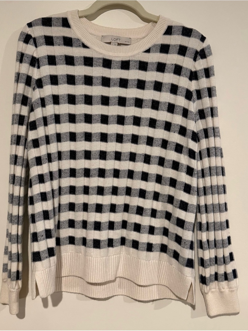 LOFT Black and White Gingham Crewneck Sweater